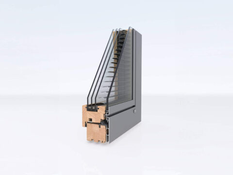 Schéma de coupe d'une fenêtre bois-aluminium avec store intégré au vitrage