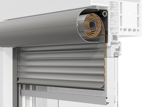 Détail d'un volet roulant solaire Rondo XP de Roma avec moustiquaire