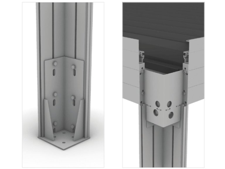 Détail de fixation au sol d'une pergola Technilux : platine et équerre d'angle en acier inoxydable