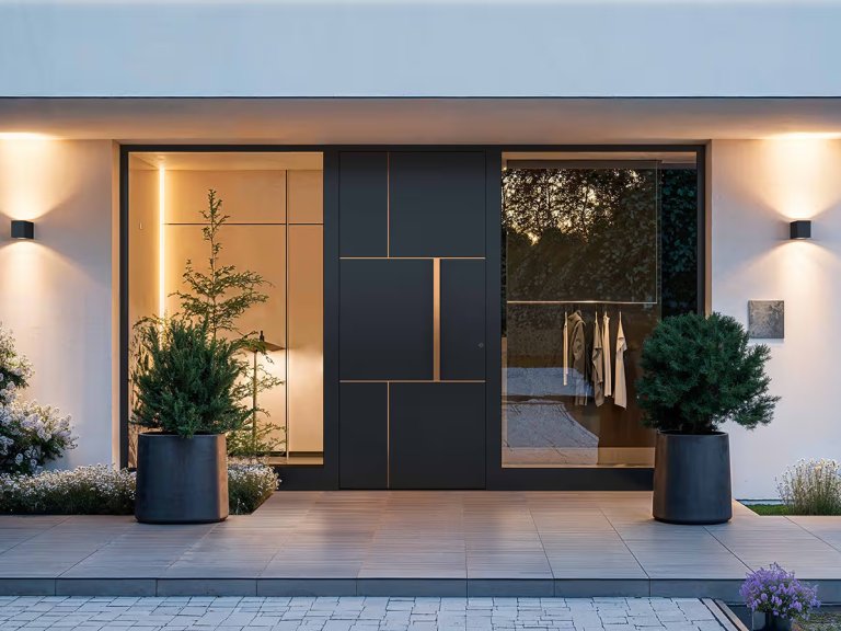 Porte d'entrée aluminium gris anthracite au design contemporain, posée par Technilux à Mulhouse