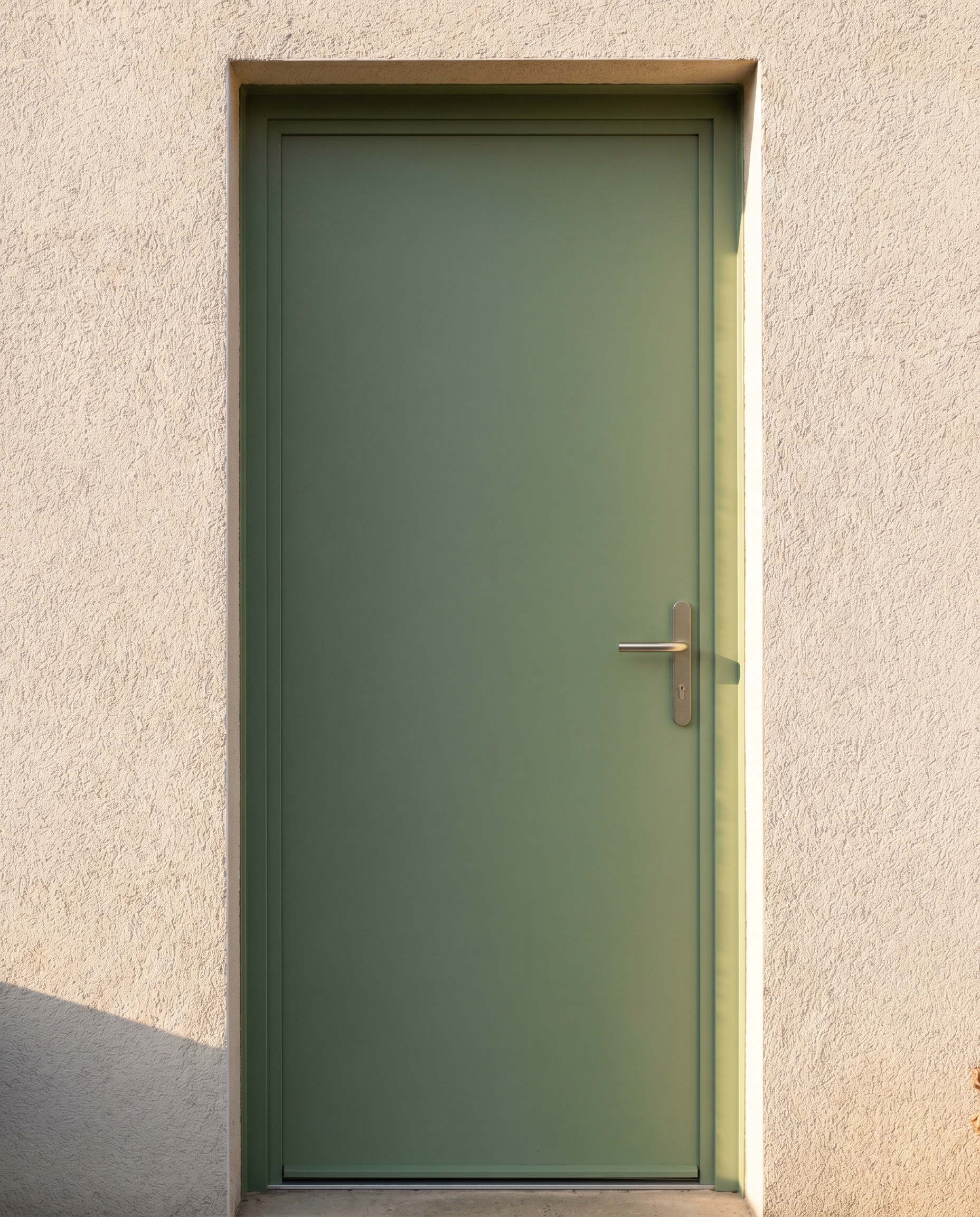 Porte d'entrée aluminium vert sauge installée sur une maison à Illzach