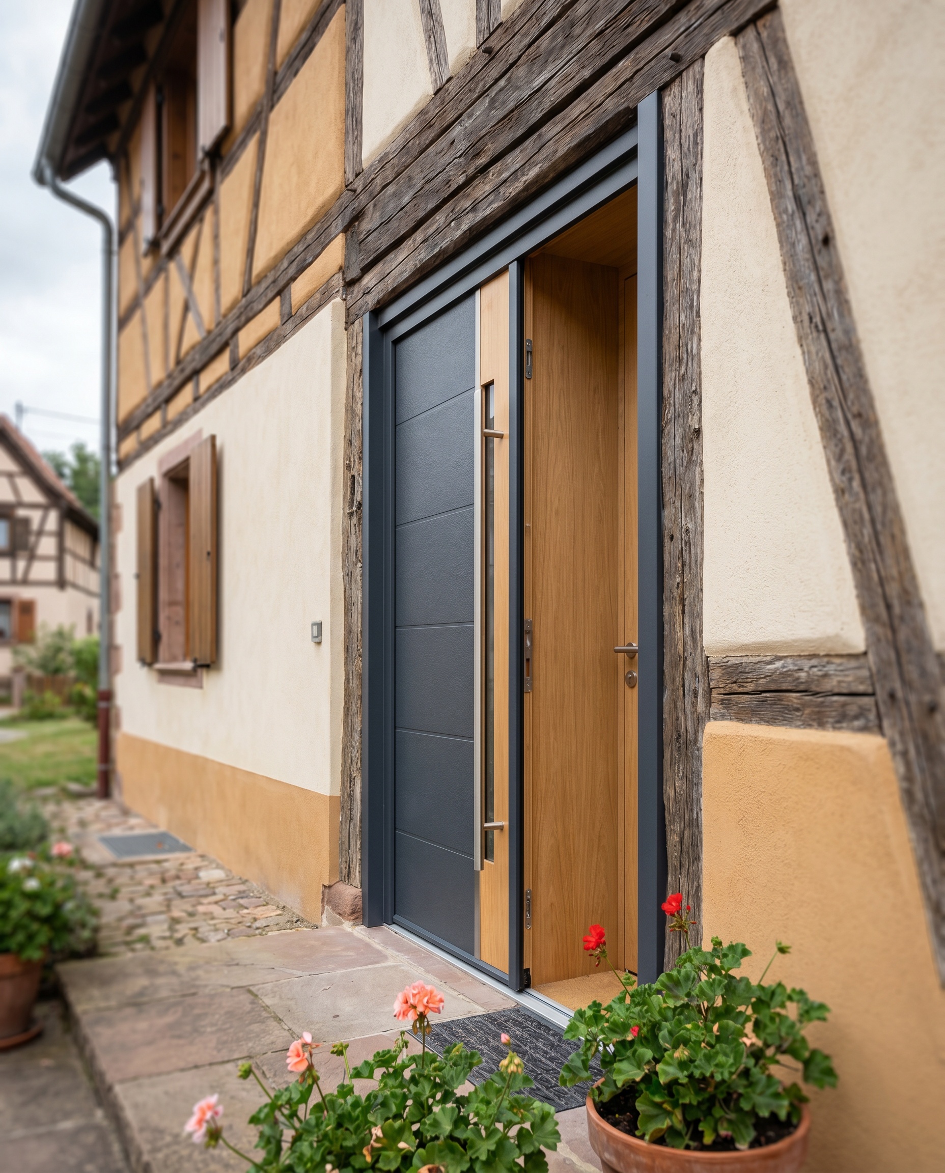 Porte d'entrée bois-aluminium installée sur une maison à Wittenheim