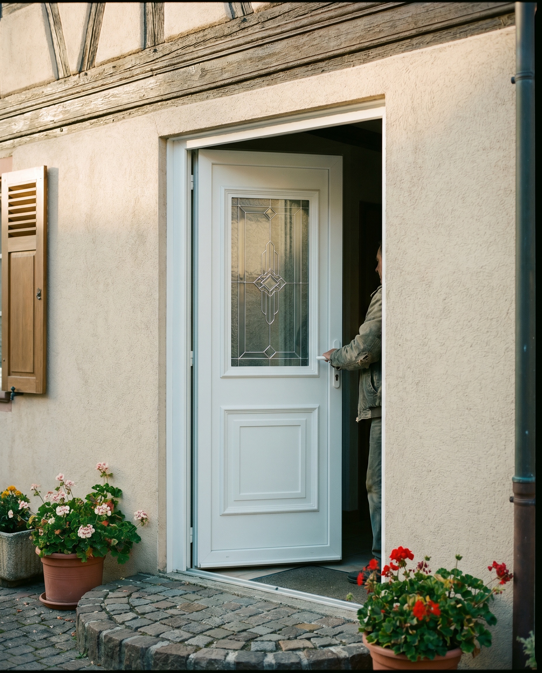 Porte d'entrée PVC blanche avec décor vitré installée sur une maison à Riedisheim