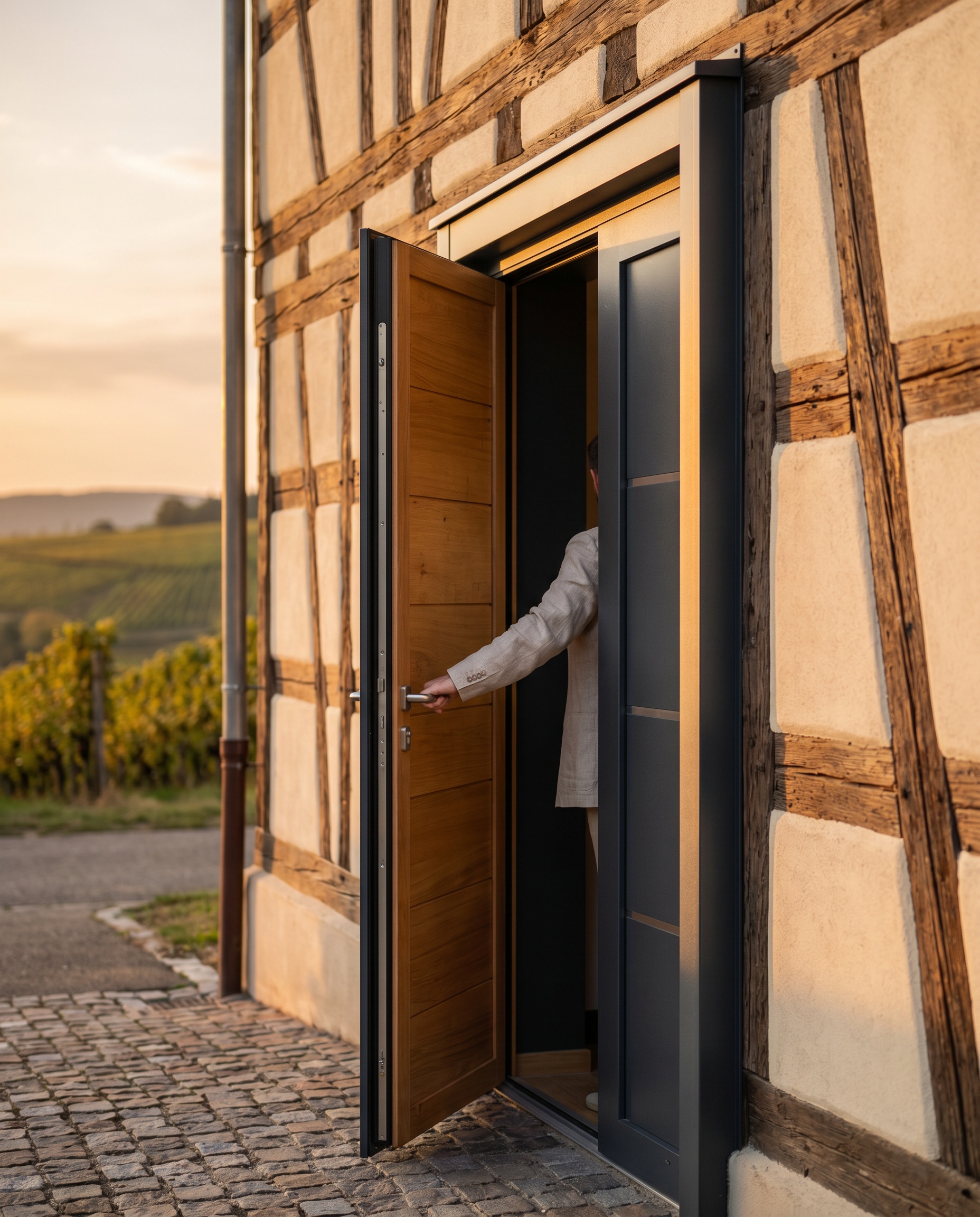 Porte d'entrée mixte bois-aluminium installée sur une maison de caractère à Guebwiller
