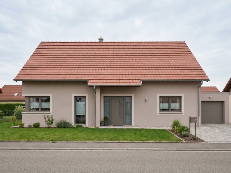 Maison contemporaine à façade gris clair beige équipée de fenêtres PVC grises RAL 7039