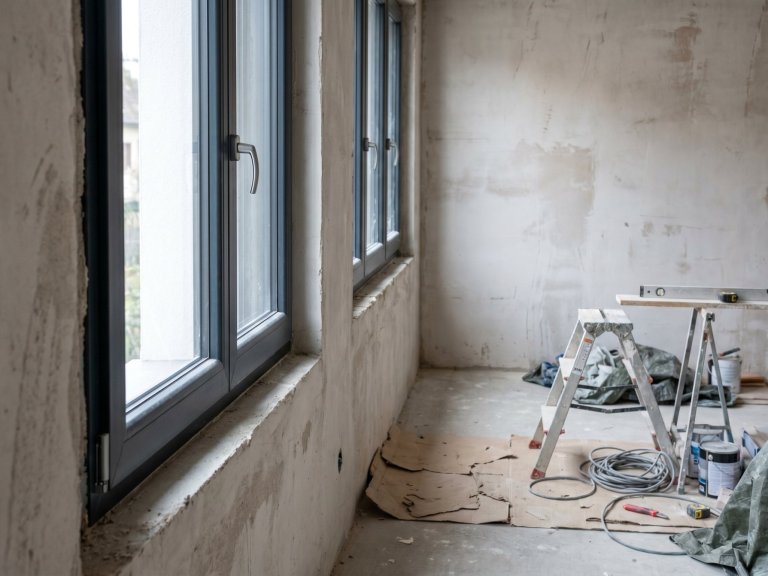 Chantier de rénovation en fin de travaux, fenêtres PVC anthracite déjà posées, peinture et sol restant à finir