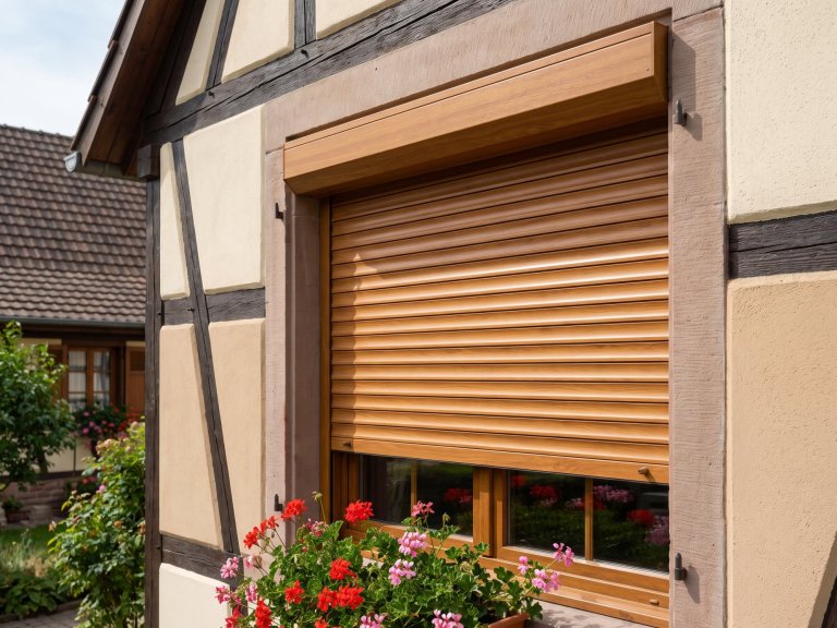 Volet roulant traditionnel en bois, coffre apparent, sur une façade de maison